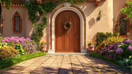 Enchanted Gray Door Adorned With Wreath