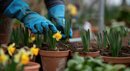 A close-up shot of hands planting flowers in pots, showcasing the gardening process and vibrant colors of springtime blooms