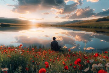 A man sits in a field of red flowers by a lake