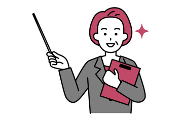 クリップボードを持って説明する年配のスーツの女性