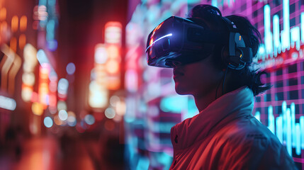 Naklejka premium Young wearing virtual reality goggles. Virtual reality concept. 3D Rendering, Rear view of a man wearing a virtual reality headset, presented in 3D rendering