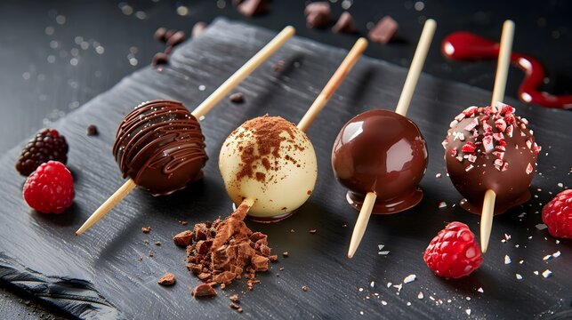 Decadent Chocolate Bon Bons on Wooden Skewers with Fruit Garnish