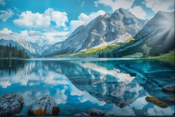 Tranquil Waters: A Stunning Lake Embraced by Majestic Mountain Peaks.