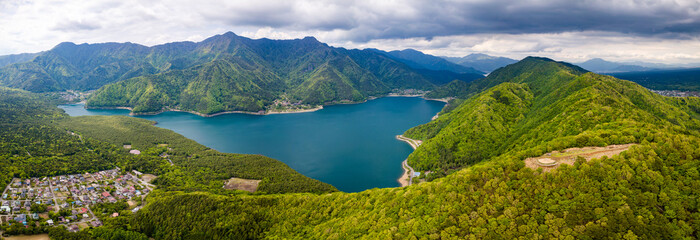 Panoramic aerial view of Saiko lake near Mount Fuji in Japan