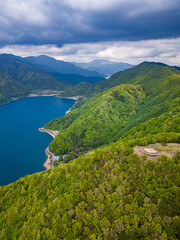 Aerial view of lush green forest surrounding a volcanic lake (Lake Saiko, Yamanashi, Japan)