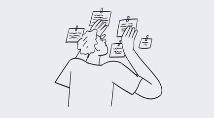Man taking notes on board scheduling and organizing work in office or making timetable for university studies. Time management and organization concept. Line vector illustration in doodle style.