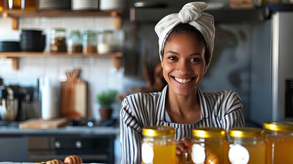 Afro-American woman joyfully packages honey in contemporary kitchen