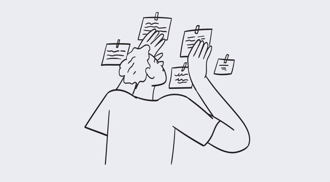 Man taking notes on board scheduling and organizing work in office or making timetable for university studies. Time management and organization concept. Line vector illustration in doodle style.
