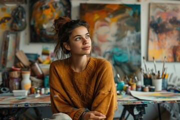 Obraz premium A woman in a yellow sweater sits in front of a table full of paint and brushes