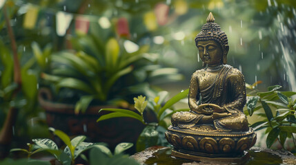 Obraz premium Buddha statue sits in meditation, crafted in brass for Dhamma Day. Colorful prayer flags flutter behind the small Buddha as it meditates.