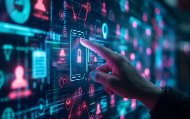 Businessman hand pointing the information or Network protection with firewall. Business Internet Technology Concept. 
