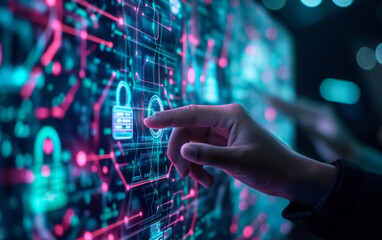 Fototapeta premium Businessman hand pointing the information or Network protection with firewall. Business Internet Technology Concept. 