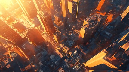 Capture a majestic aerial view of a vibrant cityscape at sunset