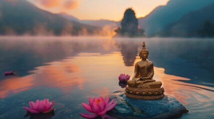 Buddha statue sits on stone by lake with orange sunrise sky.  Buddha statue at water's edge, peaceful with sunrise and lotus flowers.