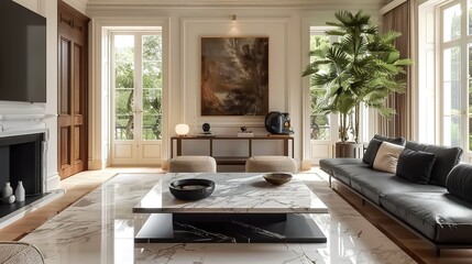 Art Deco interior design of modern living room, home. Loft interior design of modern living room, minimalist home with tv.