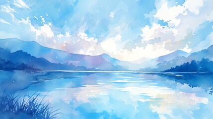 Create a traditional watercolor painting showcasing the peacefulness of a high-angle view of a tranquil lake under a sky painted in soft pastel hues Let the scene evoke a sense of