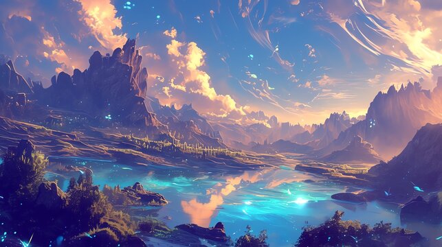 Design a CG 3D rendering of a high-angle view of a mystical lake under a dramatic sky Utilize dynamic lighting to enhance the atmosphere