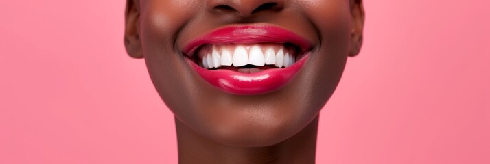 Naklejka premium Woman smiling face, with her immaculate white teeth and glossy pink