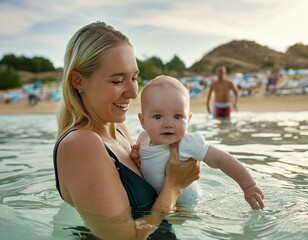 Mama trzymająca na rękach niemowlę i wraz z nim kąpiąca się w morzu