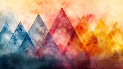 Visualize a series of overlapping watercolor triangles, each with a translucent quality that allows the colors to merge where they meet.