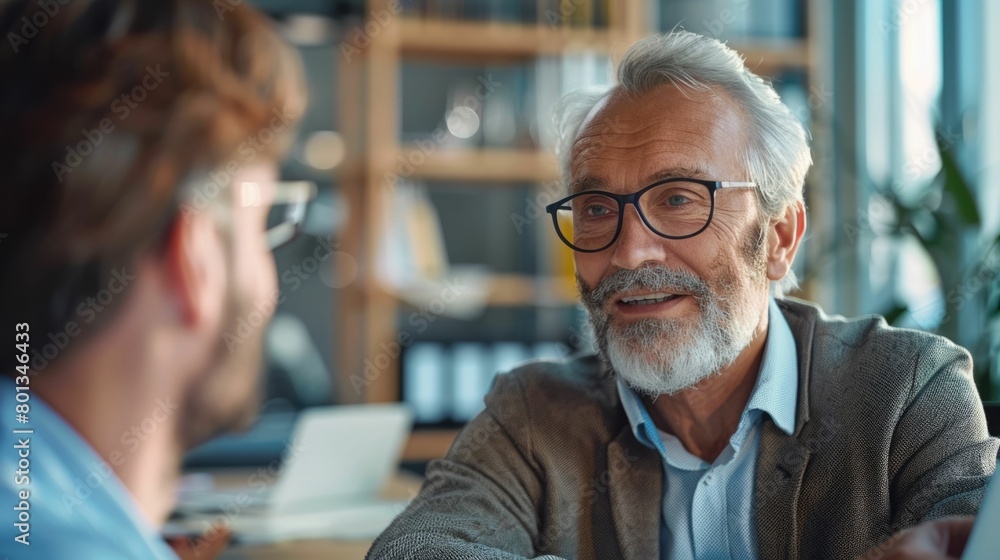 Poster experienced financial advisor discussing investment strategies with client in elegant office setting