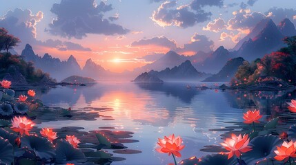 Experience the Pure Bliss of Happiness in This Ethereal Landscape with Floating Lotus Flowers and Tranquil Mountain Reflections
