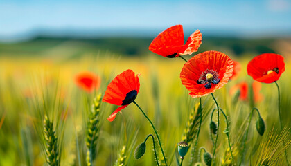 Red poppies in a green wheat field