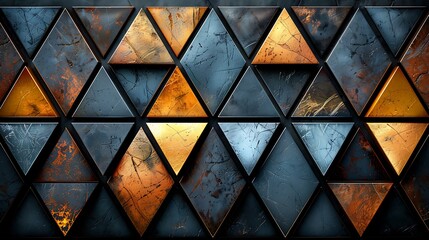 Create a high-resolution digital image featuring large triangles with a polished metallic sheen in shades of gold, silver, and copper.