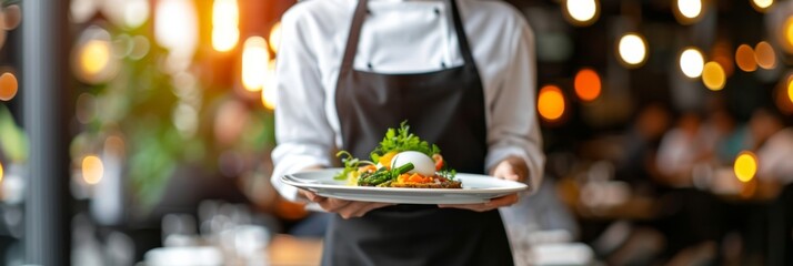 Waitress gracefully presenting a white plate filled with exquisitely plated gourmet food