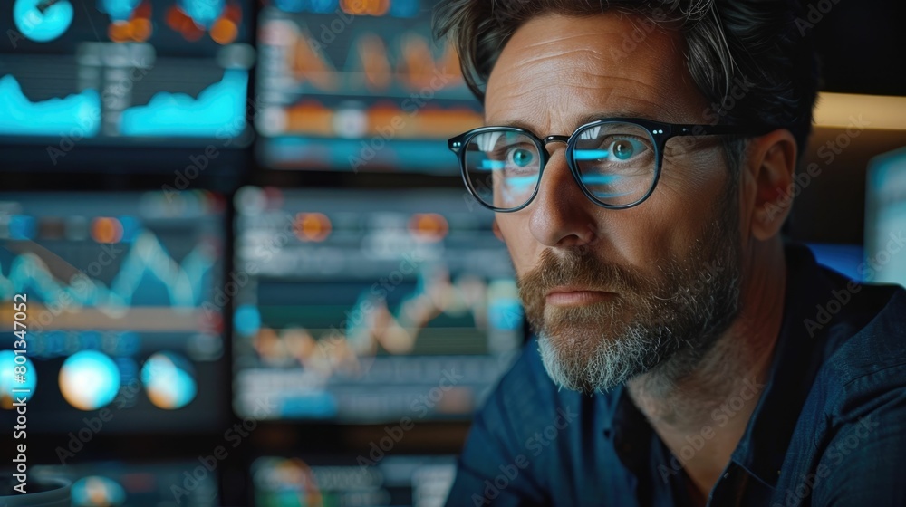 Poster financial analyst forecasting market trends using data analytics software