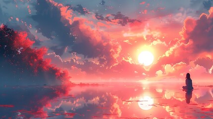 Serene Reflections of an Enchanting Sunset Horizon Vibrant Digital Minimalist Watercolor Landscape