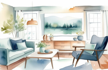 cozy living space with trendy decor - stylish comfortable home interior, watercolor illustration