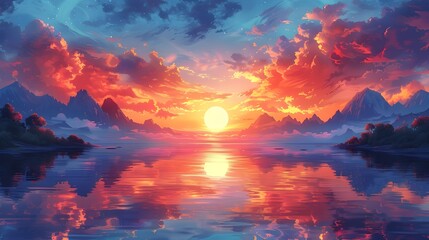 Breathtaking Sunset Reflections over a Serene Lakeside Landscape with Majestic Mountains in the Distance
