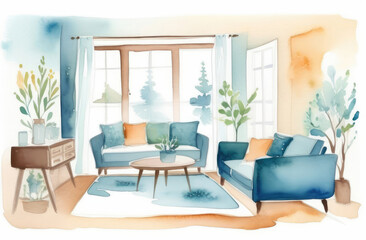 Fototapeta premium watercolor illustration of stylish comfortable home interior - cozy living space with trendy decor