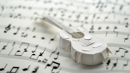 A white paper crafted guitar rests on a background of music scores, representing the harmonious blend of artistry and music in a creative, minimalistic style.
