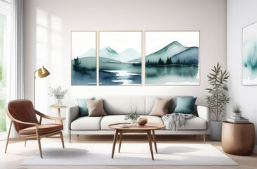 watercolor illustration of comfortable stylish home interior - cozy living space with trendy decor