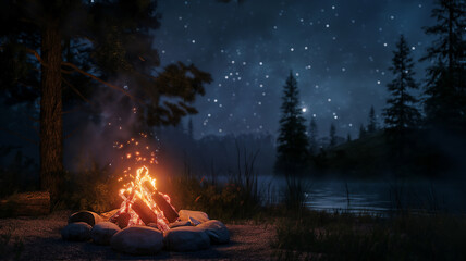 A tranquil night scene of a crackling campfire by a lakeside, with sparkling stars overhead, evoking a peaceful and introspective atmosphere in the wilderness.