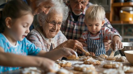 Grandparents and grandchildren baking cookies together in the kitchen
