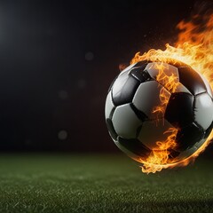 Burning soccer ball flying on black background. Fire flame football ball, fiery energy game