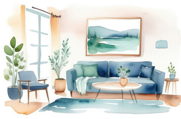 comfortable stylish home interior - cozy living space with trendy decor, watercolor illustration