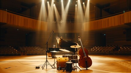 Fototapeta premium A grand piano, drums, and double bass set up on stage in an empty concert hall with dramatic lighting.