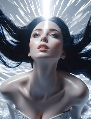 A porcelain white woman with long black hair and blue eyes looking ahead. Bright rays of light swirl around her.