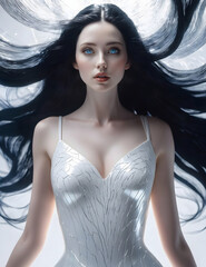 A porcelain white woman with long black hair and blue eyes looking ahead.