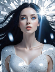 A porcelain white woman with long black hair and blue eyes looking ahead. Bright rays of light swirl around her.