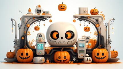 Cute cartoon skeleton is carving pumpkins for Halloween.