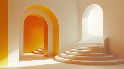 3D rendering of a hallway with two archways. The walls are white and the floor is orange. There is a bright light coming from the right archway.