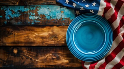A thematic American Independence Day setup with a blue plate on rustic wood and an American flag. - Powered by Adobe