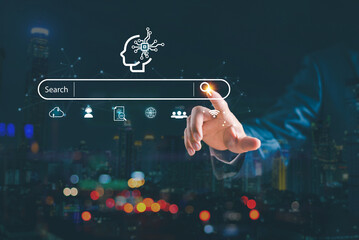SEO Search Engine Optimization concept. Businessman touch AI, SEO icon on websites to rank search engines or SEO. Search with Ai assistant, search on screen. Artificial Intelligence data technology