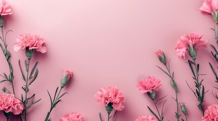 Fototapeta premium A beautifully arranged array of pink carnations on a soft pink background, creating a vibrant floral pattern.