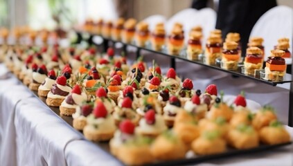 Catering service. Snacks for guests on the table.
